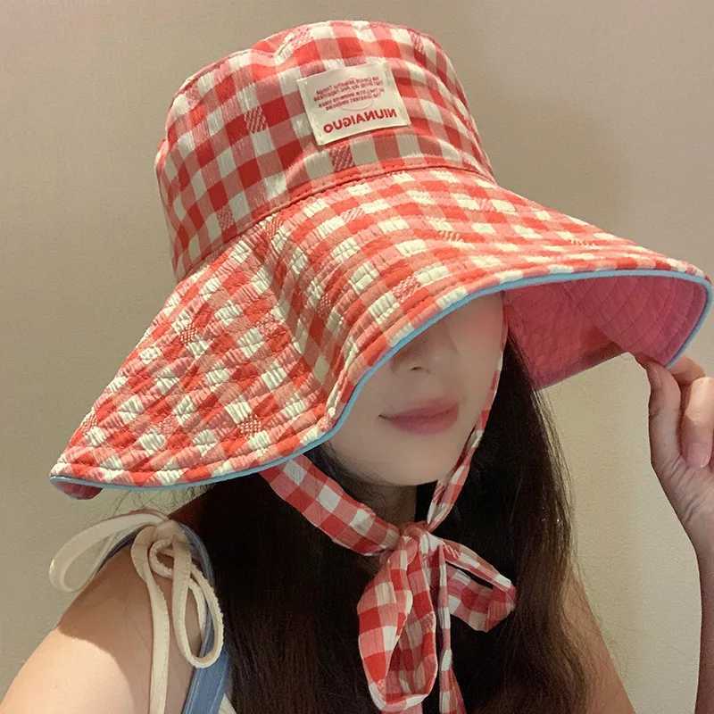 Plaid Wide Edge Strap Bucket Hat Womens Large Brim Showing Face Small Versatile Sun Hats Sun Protection Hat Basin Hat Y250707