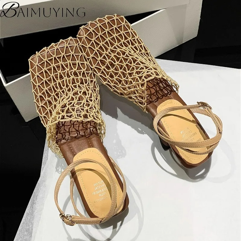 Weave Mesh Women Heeled Sandals Hollow High Heels Shoes Woman Square Toe Slingback 2025 Summer Trend Beach Pumps Sandalias Mujer 250703