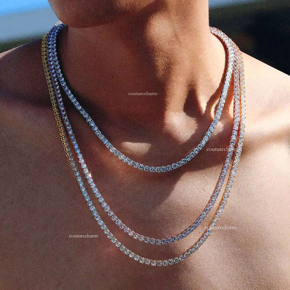 Hip-Hop Sier Glow Stone Tennis Chain White Gold Iced Bracelet Necklace Men and Women Boutique Jewelry Set