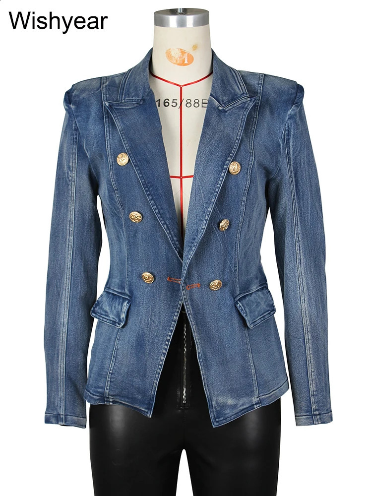 Fashion Notched Collar Long Sleeve Double Breasted Denim Coats for Women Slim Jeans Jacket Casual Streetwear Female Blazer Tops 250703
