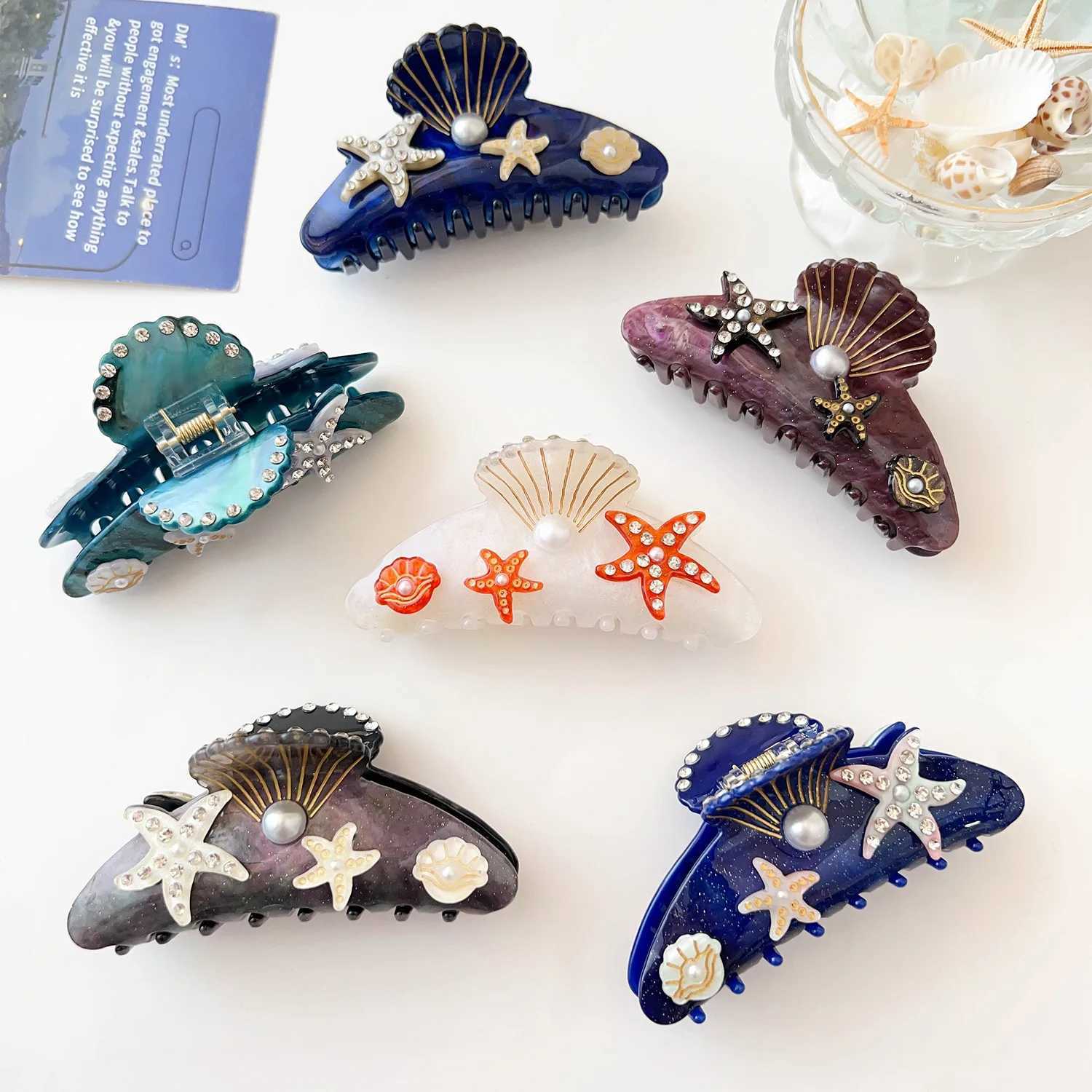 2023 Summer Rhinestone Starfish Hair Claw Acrylic Claw Clips Beach Ocean Series Crab Hair Clips for Women Hair Accessories Y250707
