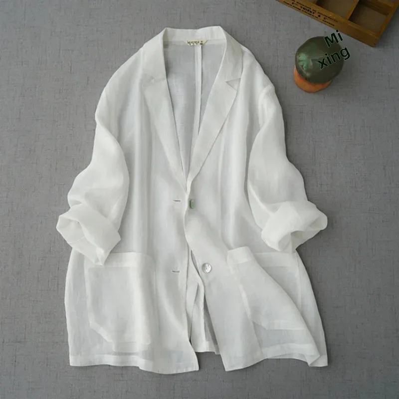 Spring Summer Womens Fine Flax Suit Jacket Casual Loose Long Sleeve Top Pure Color Outerwear Sun Protection Shirt 250625