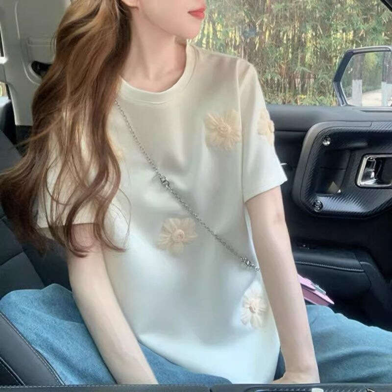 Plus Size Korean Style 3D Flower Short Sleeve T-Shirt For Women Summer New Loose Age-Reducing Regular Shoulder Top Trendy B5