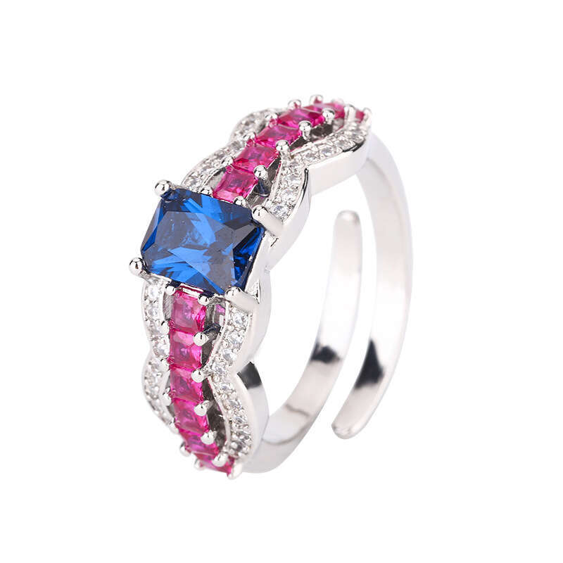 High-End Jewelry Ring T-Cut Diamond Inlaid With Purple Light Changing Red Corundum Blue Spinel Fashion Women 62E
