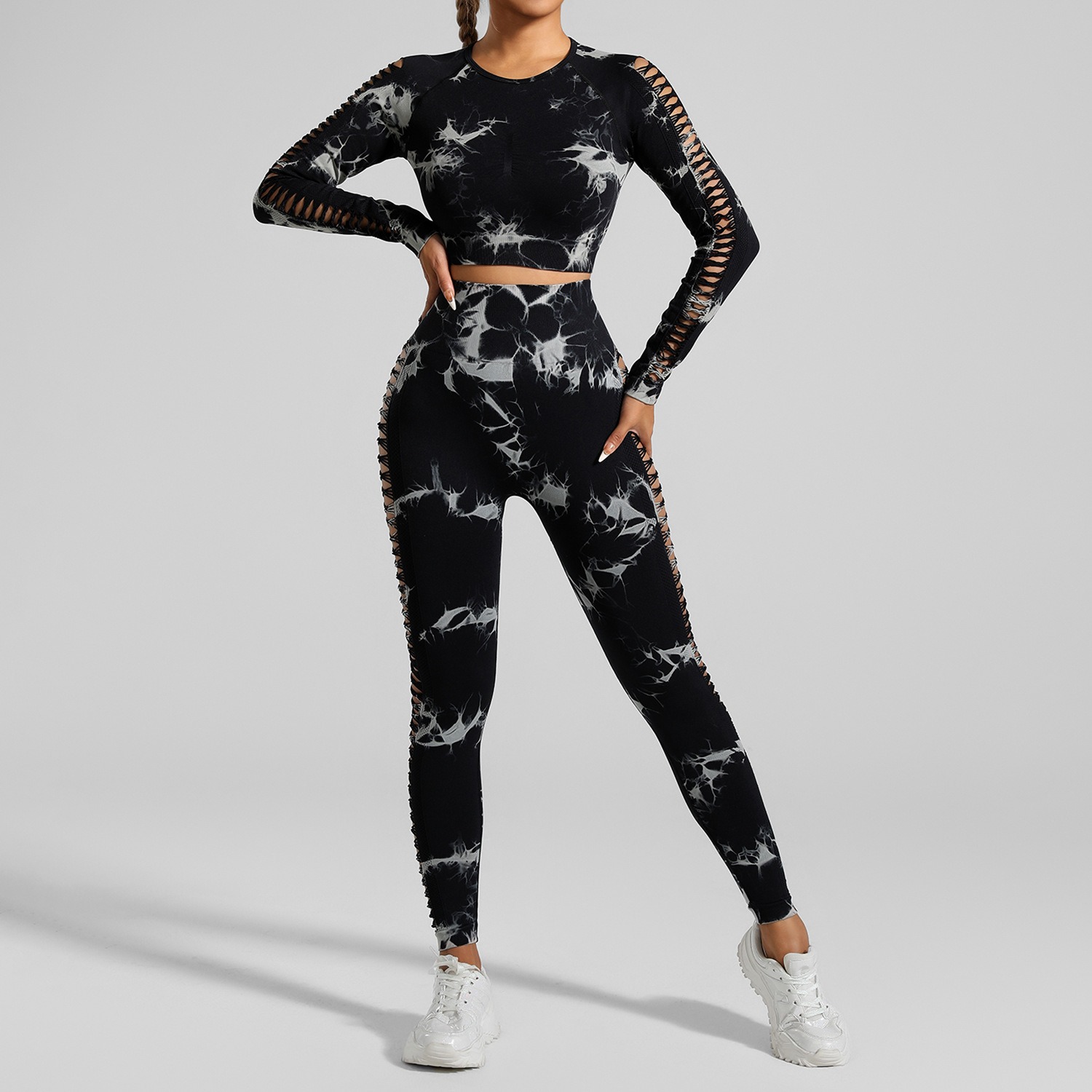 Women's Seamless Tie-Dye Yoga Set - Two-Piece Side-Cut Crop Top & Peach Bottoms Fitness Wear