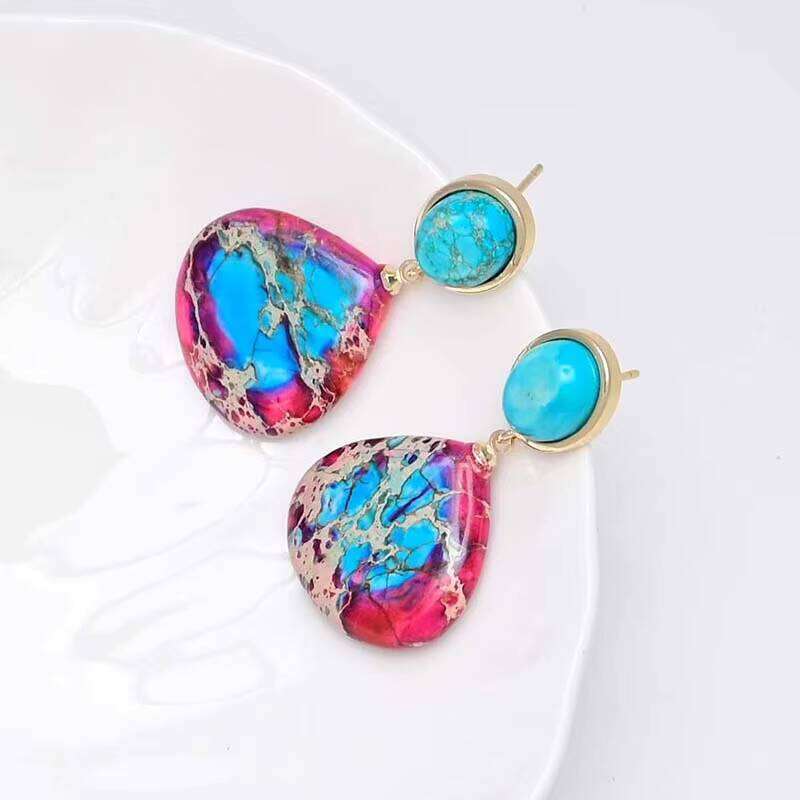 Ethnic Emperor Stone Large Water Drop Jasper Bohemian Spiritual Healing Earrings