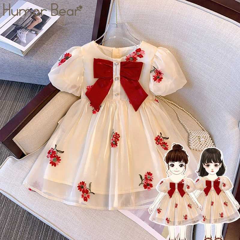 Humor Bear Girls Clothing Puff Sleeves Gauzy Dress Bow Tie Decoration Princess Dress Casual Children Costume R250707
