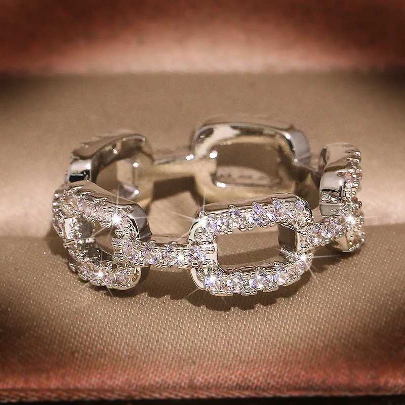 925 New Silver Color Chain Ring with Bling Zircon Stone Rings for Women Wedding Engagement Fashion Jewelry Gift XJ250707