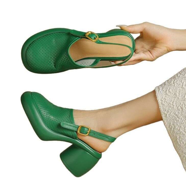 2025 Summer Peep-Toe Platform Thick-Soled Hollow Sandals with Chunky Heels, Round Toe, One-Strap Backless Roman Style Women's Shoes