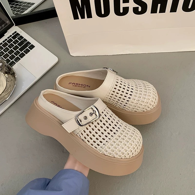 2025 Summer New Designer Style Woven Closed-Toe Slippers for Women, Slip-On Thick-Soled Hollow Out Sandals