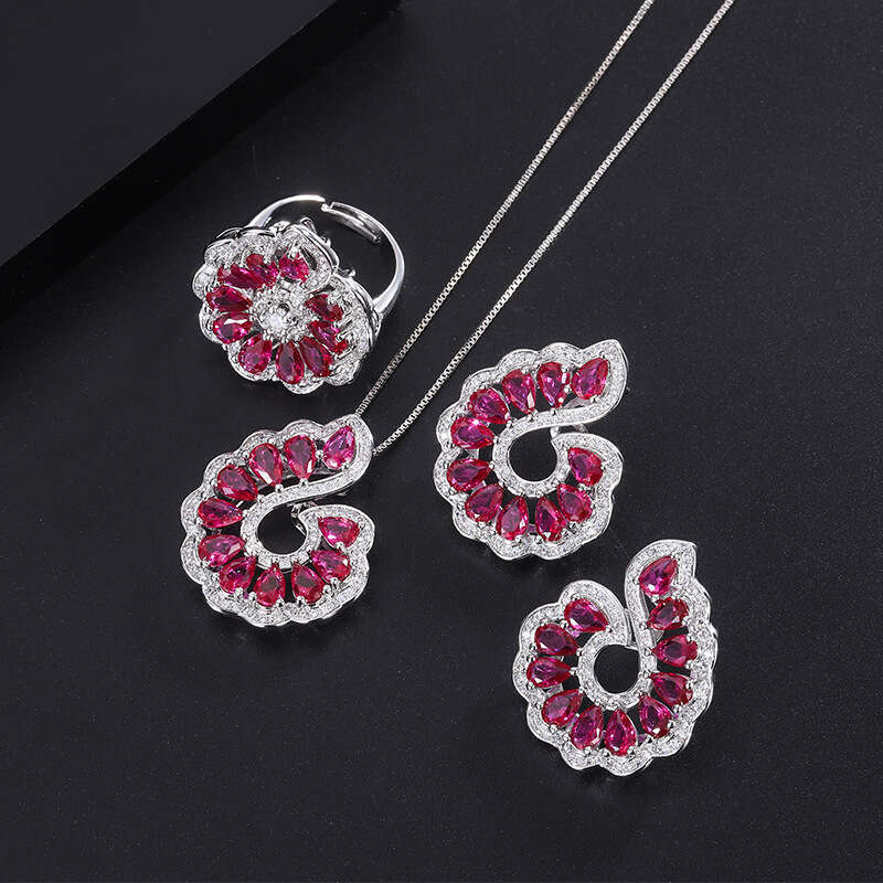 Douyin Live S Sier Needle Imitation Blood Red Corundum Jewelry Earrings Ring Pendant Set For Women 9Ec