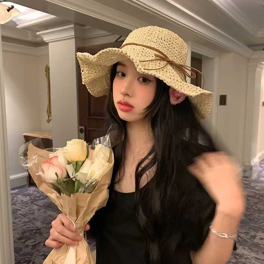 New Holiday Beach Fisherman Hat Seaside Sun Protection Sun Hat Large Brim Bow Woven Straw Hat Women Panama Chapeau Korean Y250707