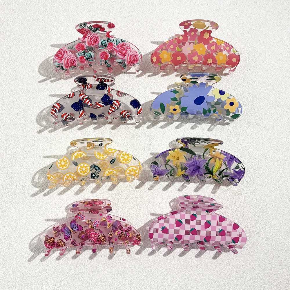 Transparent Colorful Printed Flower Butterfly Lemon Strawberry Hair Clip Claw For Women New Acrylic Barrettes Hair Accessories Y250707
