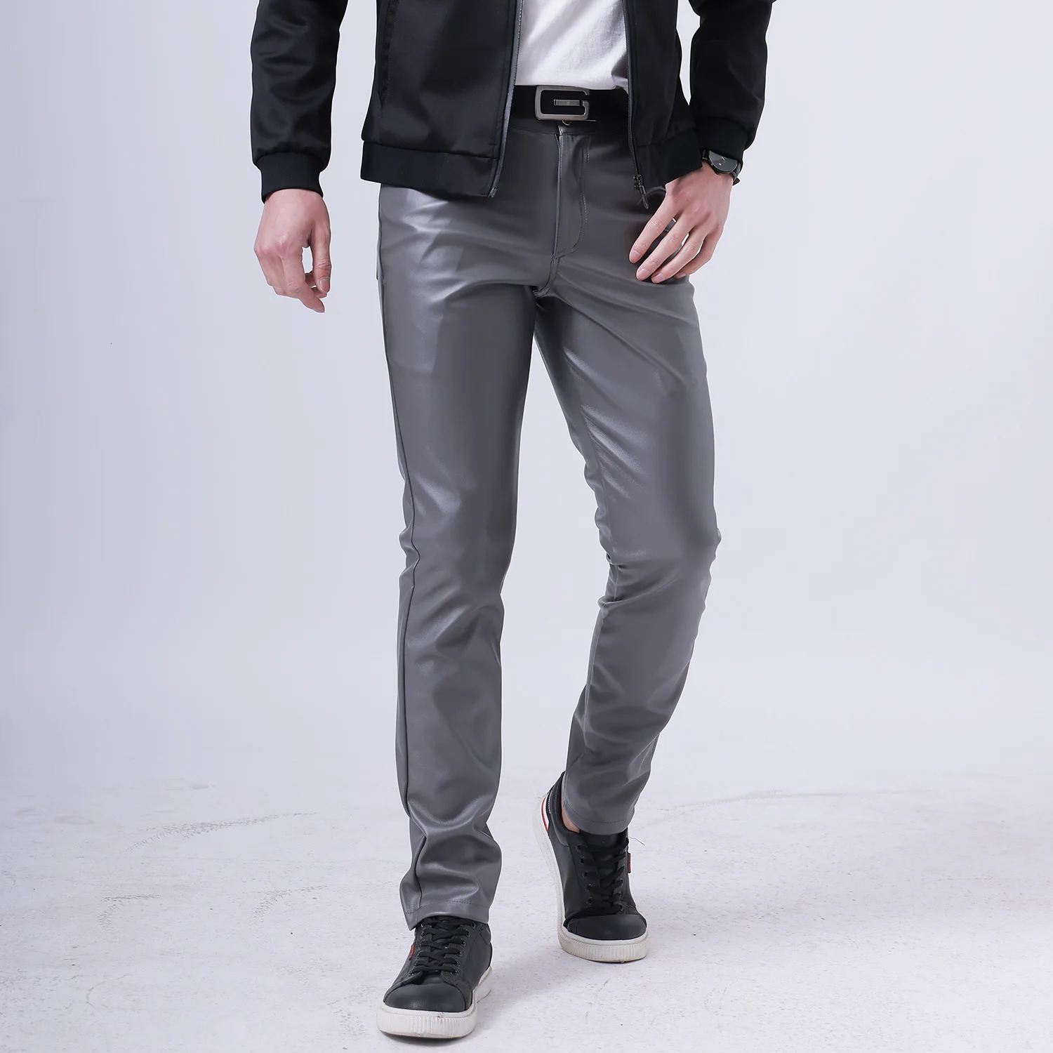 Spring and summer thin section youth leather pants mens elastic Slim fashion bar 250704