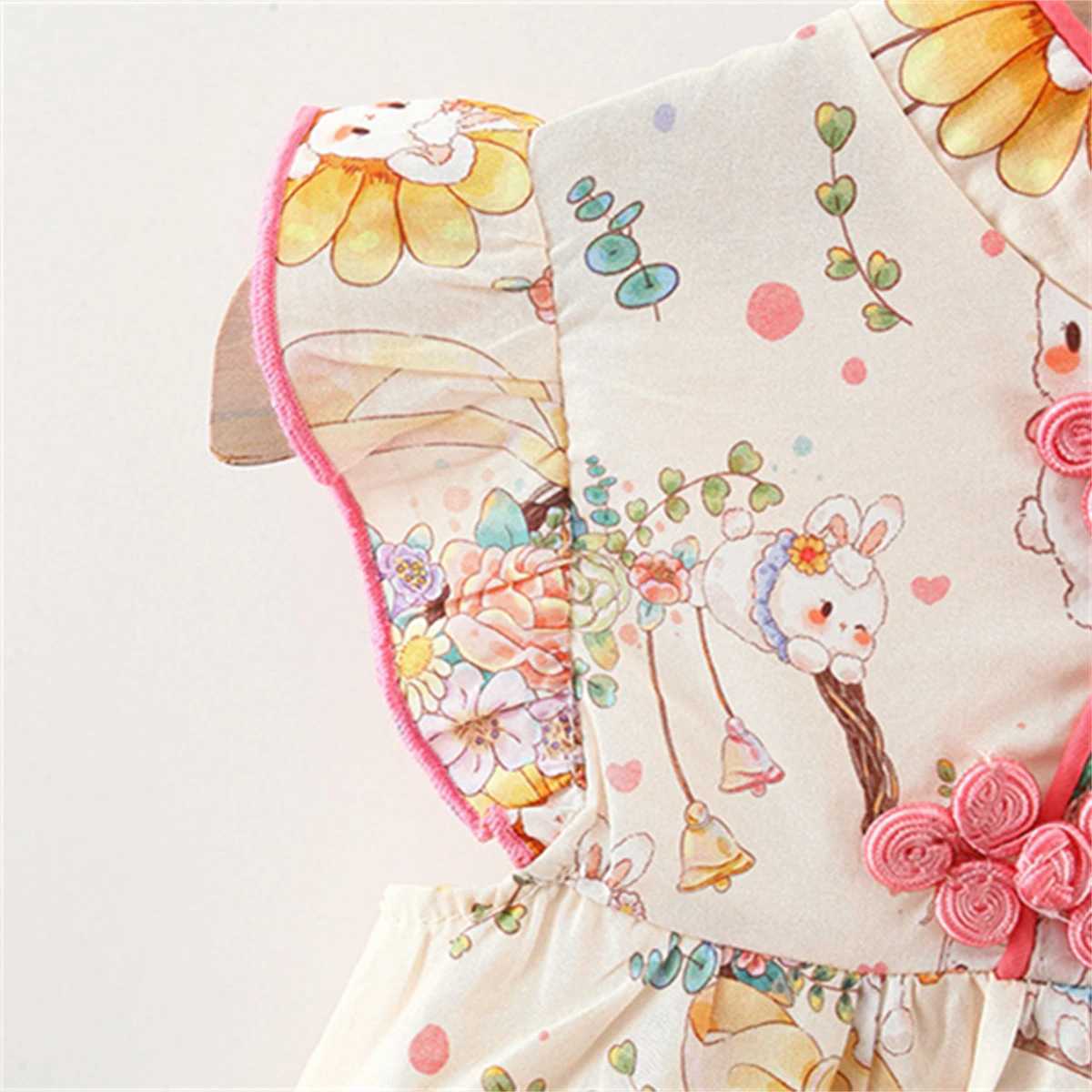Summer Chinese Style Girls Dress Baby Girls Cartoon Bunny Flower Print Small Fly Sleeves Stand Collar Button Princess Dress R250707