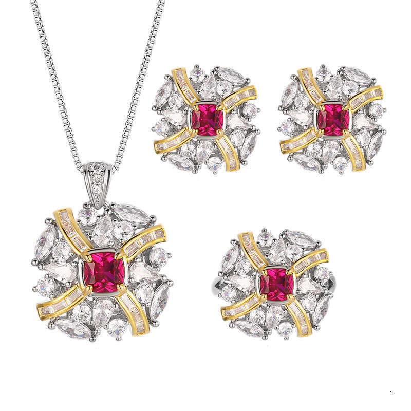 New Style Set Necklace Earrings Ring Jewelry Red Corundum Gemstone Women's High-End Fashion Light 8D4