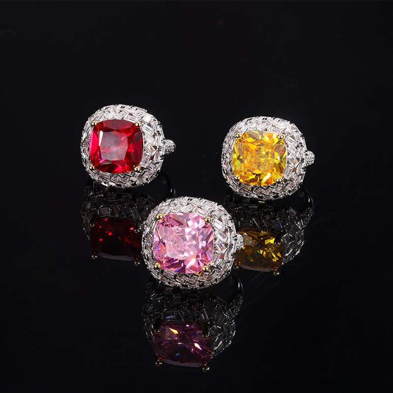 Colorful Treasure Square Color-Plated Pink Yellow Diamond Red Corundum Copper Jewelry Zircon Live Ring Adjustable 7F9