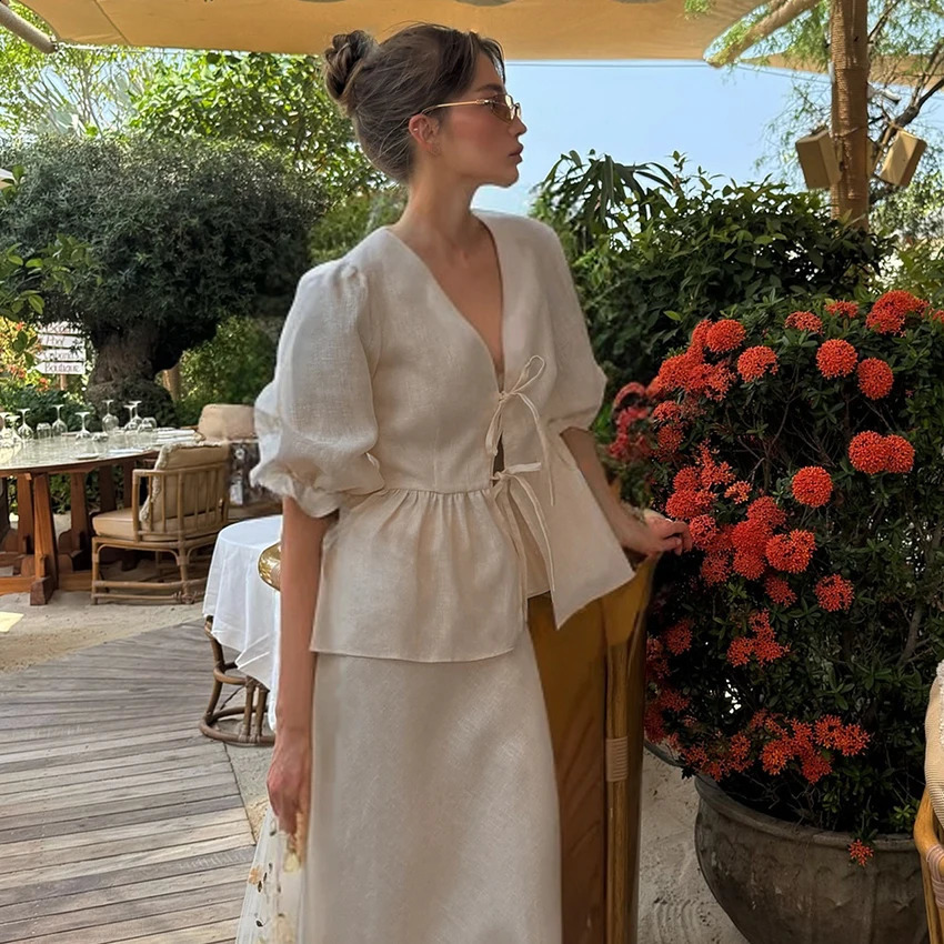 Linad Summer V-Neck Puff Sleeve A-Line Long Skirt 2 Piece Sets Woman Outfit Fashion Folds Khaki Loose Set Pure Cotton Woven Suit 250703