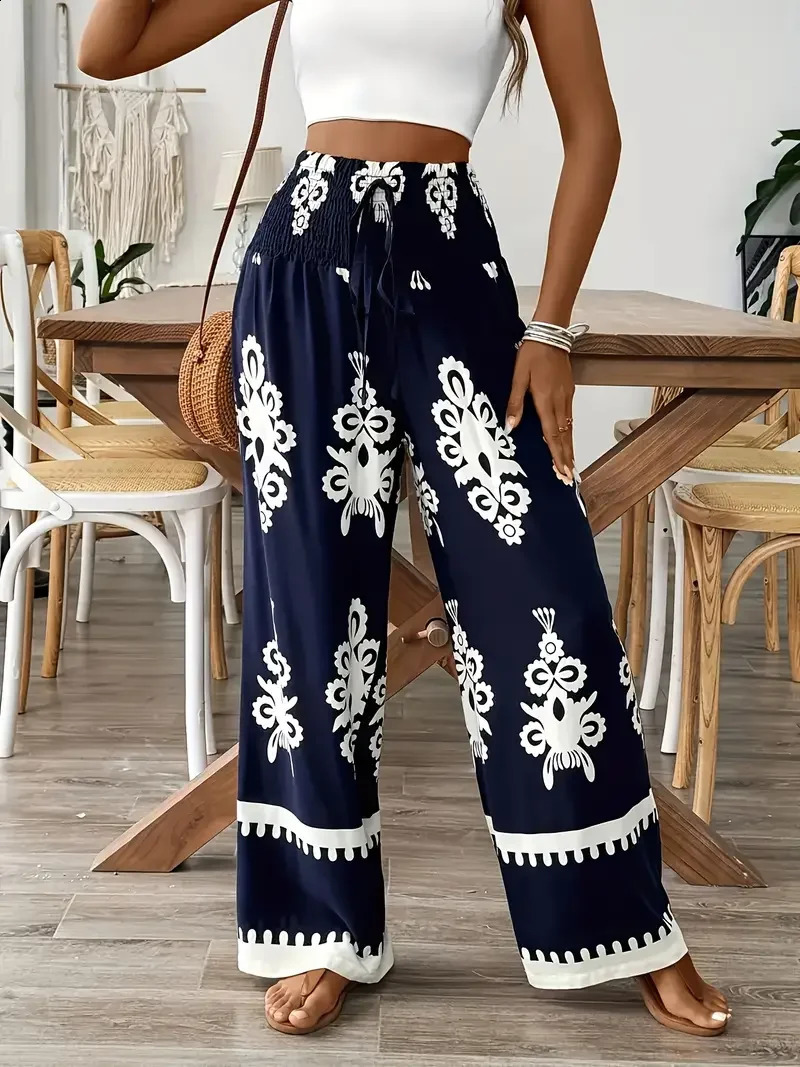 Plus Size 1XL5XL Women Fashion Floral Print Wide Leg Pants Female Casual Elegant Drawstring High Waisted Loose Long Trousers 250628