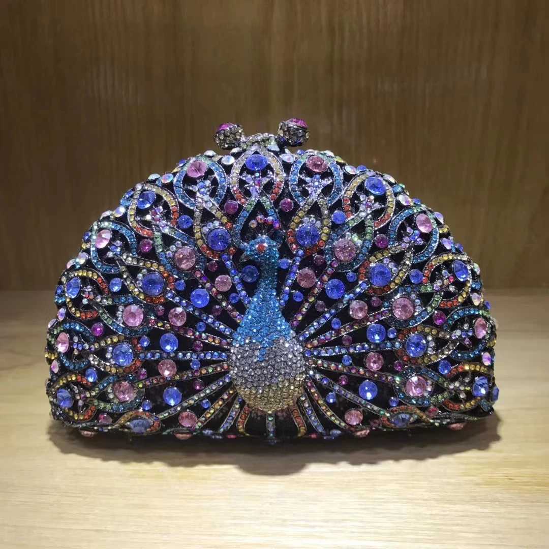 XIYUAN Woman Peacock Hollow Crystal Evening Bag Multicolored Diamond Bridal Animal Clutch Purse Wedding Cocktail Party Handbag