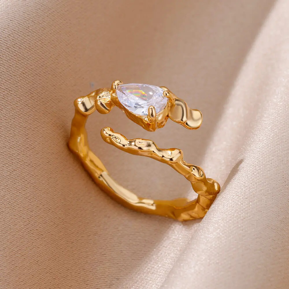 Water Drop Zircon Texture Rings For Women Gold Plated Stainless Steel Adjustable Ring 2023 Trend Wedding Aesthetic Jewelry Gift 250624