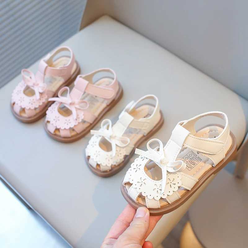 Summer Girls Sandals Hollow-out Cover Toe Floral Kids Sliders Beige Pink Sweet Pu Leather Toddler Hook-loop Children Slippers R250707
