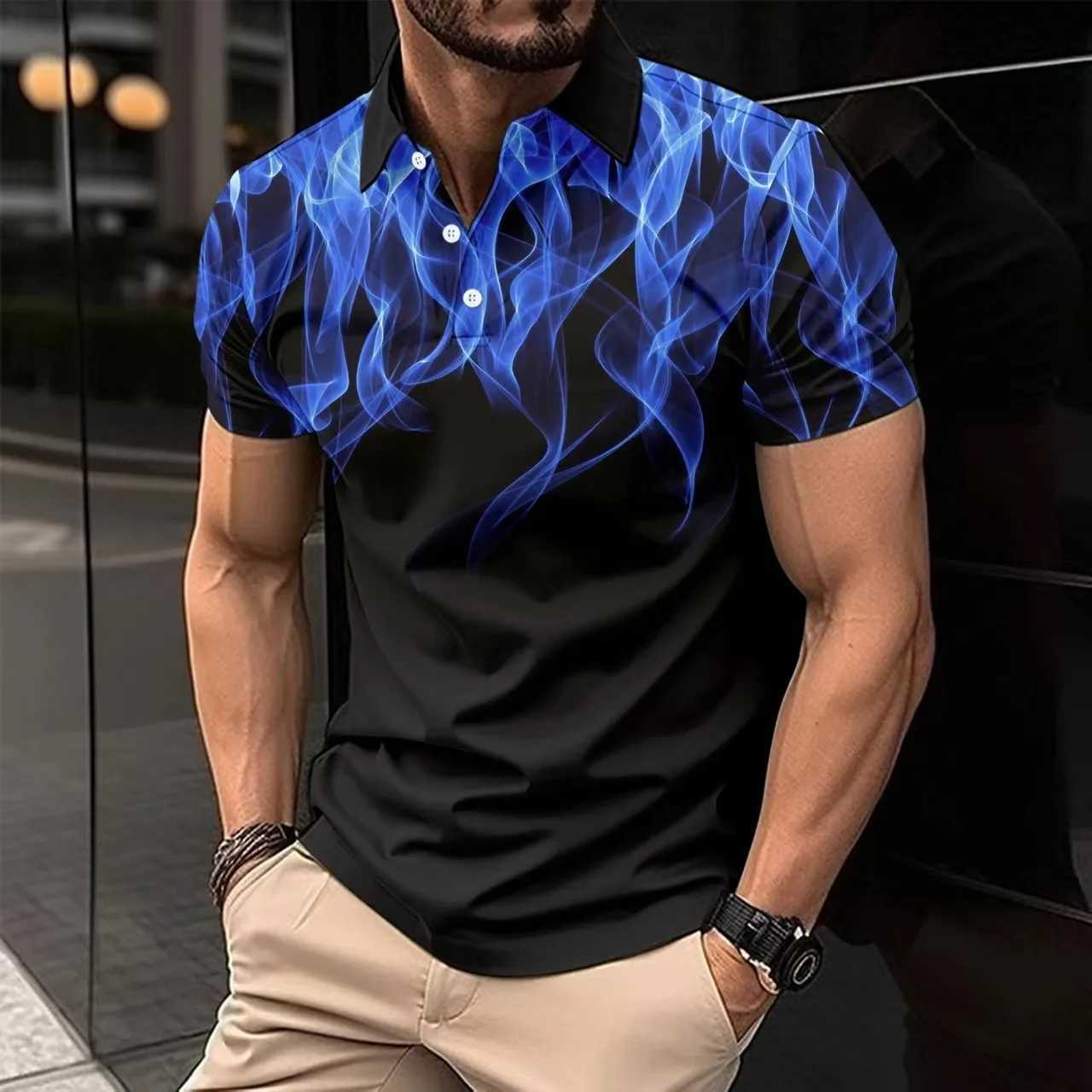 Summer Men Clothes 3D Digital Print Flame Short Sleeve Polo Shirt Men Casual Fashion Lapel Golf Polo Shirt Tops High Elasticity Y250707 Y250707