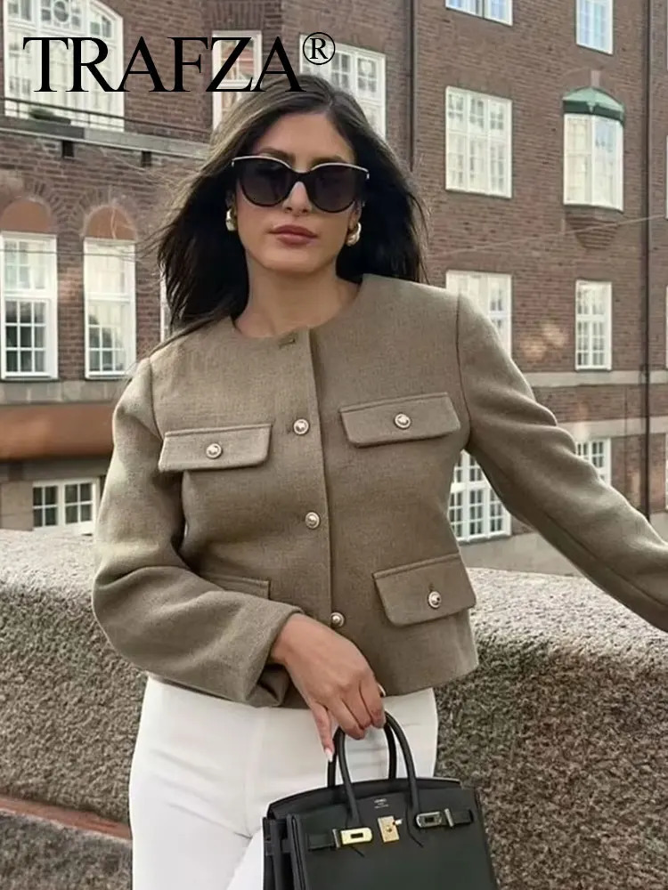 TRAFZA Women Elegant Cropped Jacket Womens Fashion Jacket O-Neck Long Sleeved Flip Pocket Coat Female Casual Outwear Tops 250707