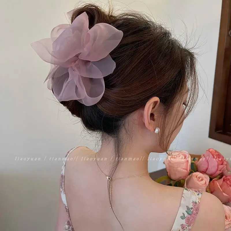 Summer Chiffon Bow Clip Female Ponytail Braid Hair Claw Clip Elegant Large Shark Clip Hair Accessories Gift Headdress Hairpin Y250707