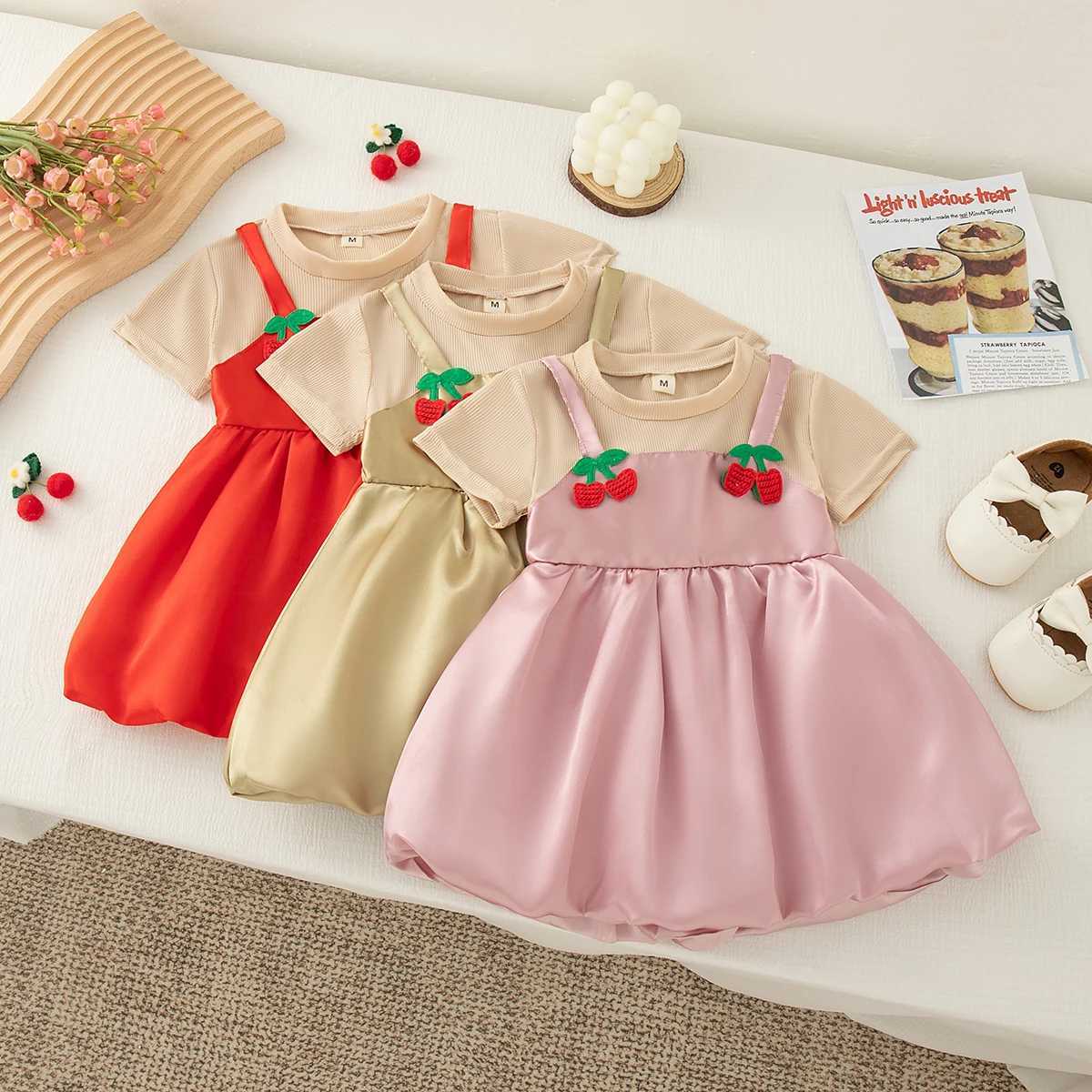 Summer Casual Dresses for Girls Cute Cherry Decoration Knit Short Sleeve Color Block Dress Baby Girl Pink Dress R250707
