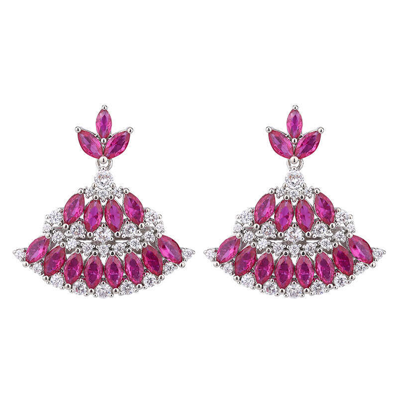 Zircon Luxurious Red Tourmaline Drop Fan-Shaped Skirt Royal Blue Earrings 095