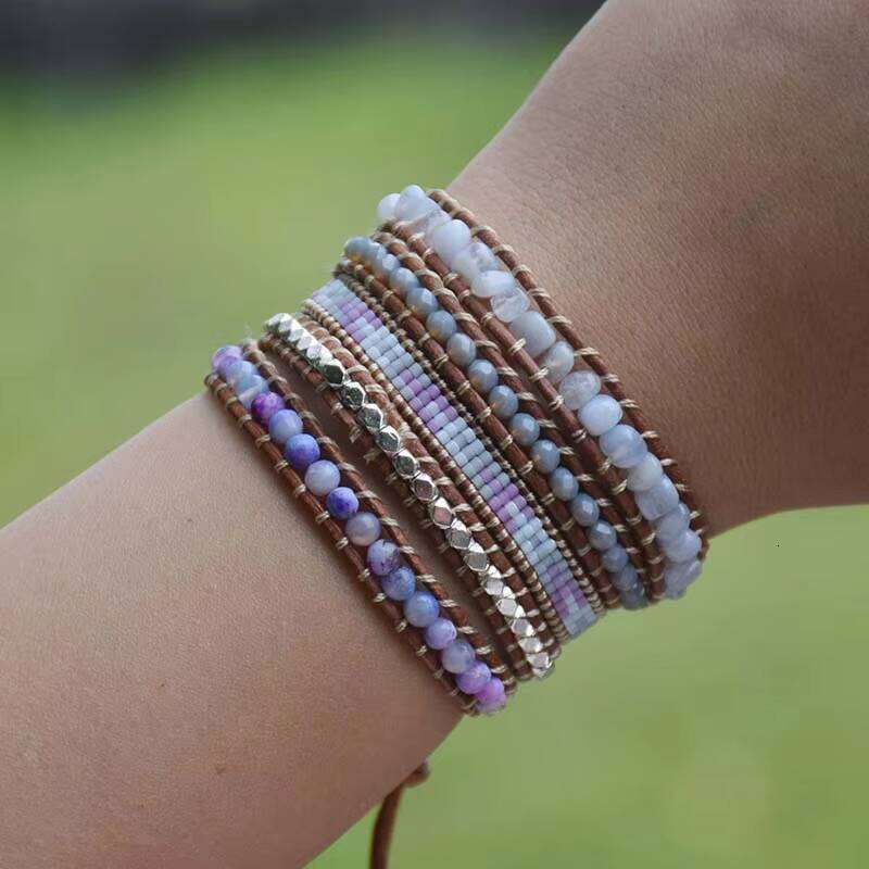 Bohemian Woven Wrapped Japanese Miyuki Seed Beads Bay Agate Leather Bracelet Women's Gift & ODM
