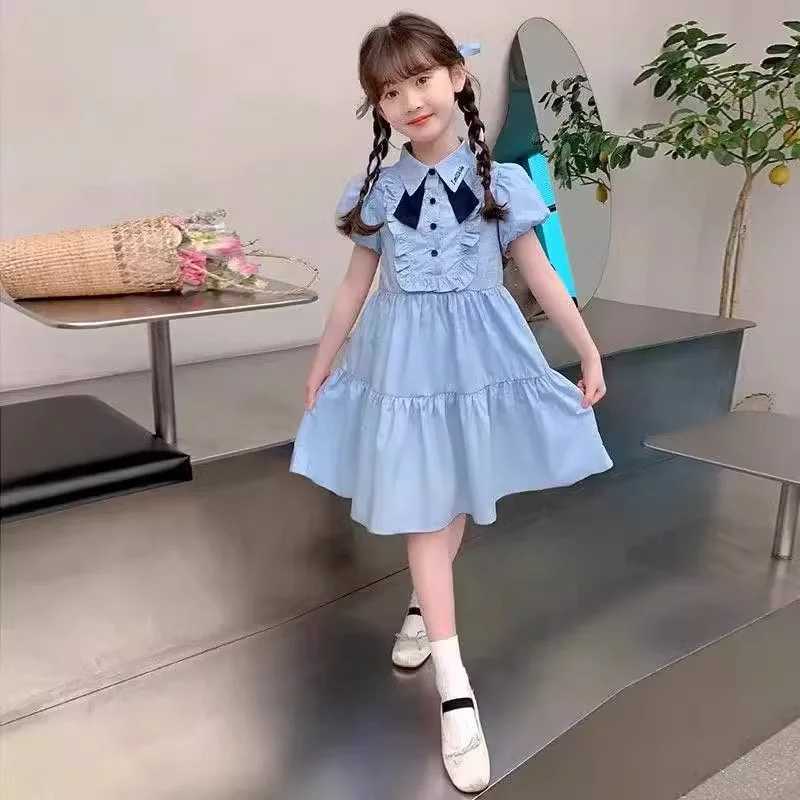 2025 New Summer Girls Dress Childrens College Style Gown Teenager Turn-down Collar Clothes Kids Fashion Short Sleeve Dresses R250707