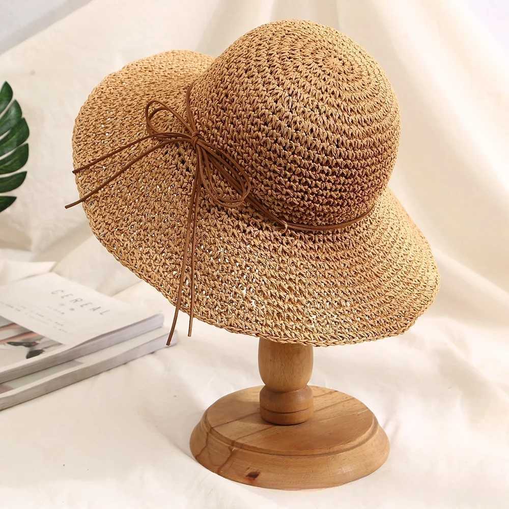 New Holiday Beach Fisherman Hat Seaside Sun Protection Sun Hat Large Brim Bow Woven Straw Hat Women Panama Chapeau Korean Y250707