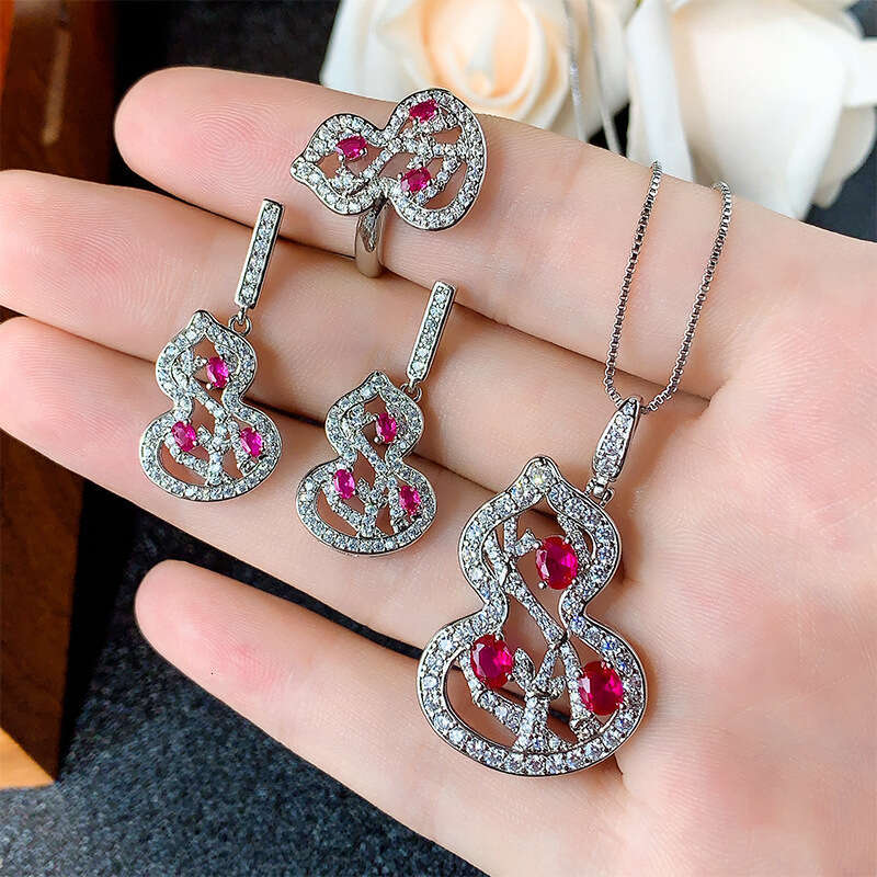 New Set Jewelry Accessories Clavicle Chain Gourd Sier Needle Earrings Ring High-End Elegant Women's Style 76C