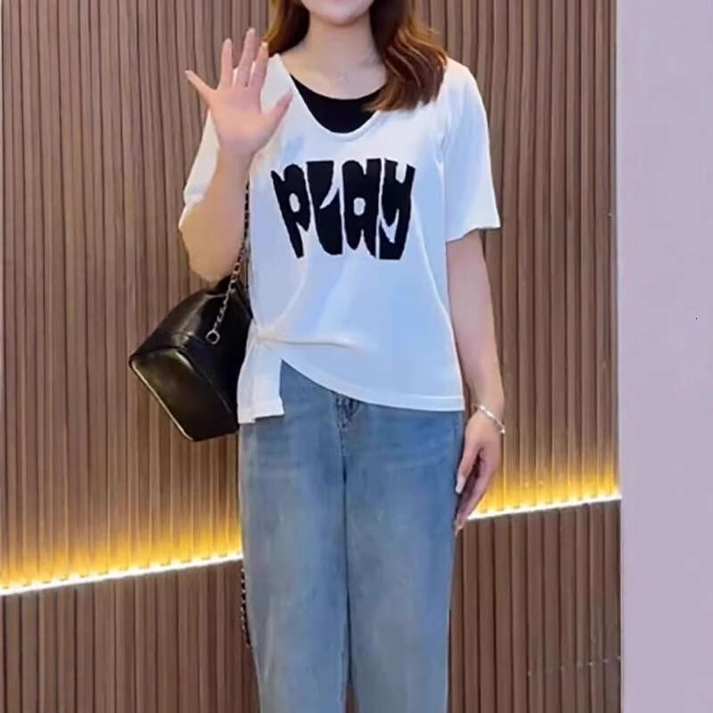 Fake Two-Piece Round Neck Short Sleeve T-Shirt For Women Summer Large Size Design Sense Patchwork Color Block Letter Commuter Top B5