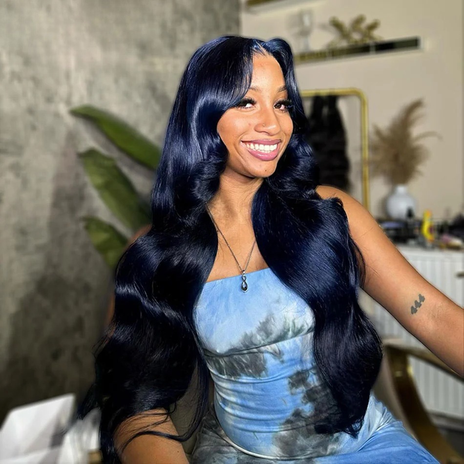 Midnight Blue Lace Front Wig Human Hair 13x4 Ready Go Body Wave Lace Frontal Wig PrePlucked Lace Closure Wig Synthetic For Women
