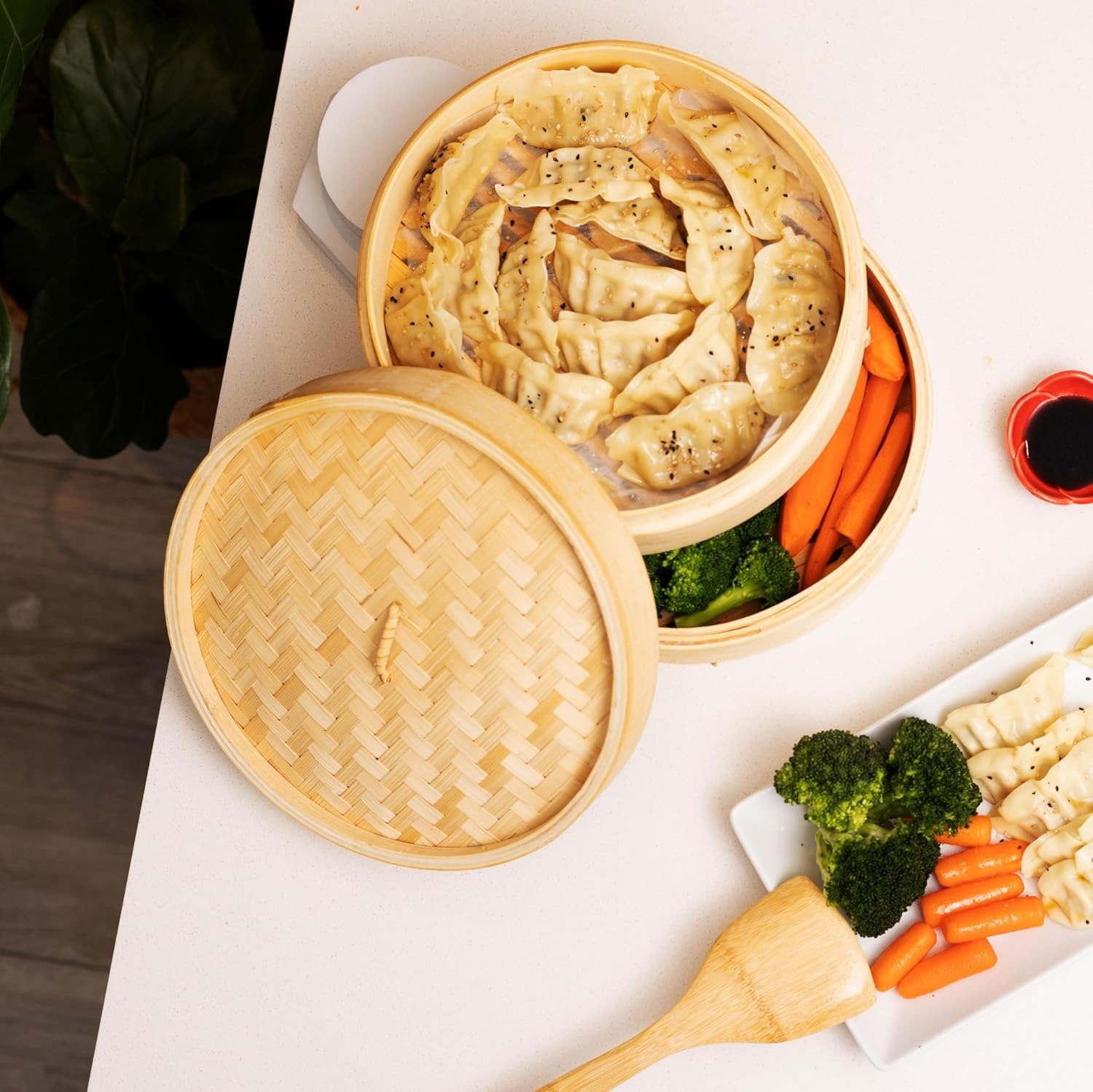 10 Inch 2-Tier Natural Bamboo Steamer - Reinforced Handle & Liner for Dumplings, Dim Sum, Buns | Traditional Chinese/Japanese Steamer Basket for Veget