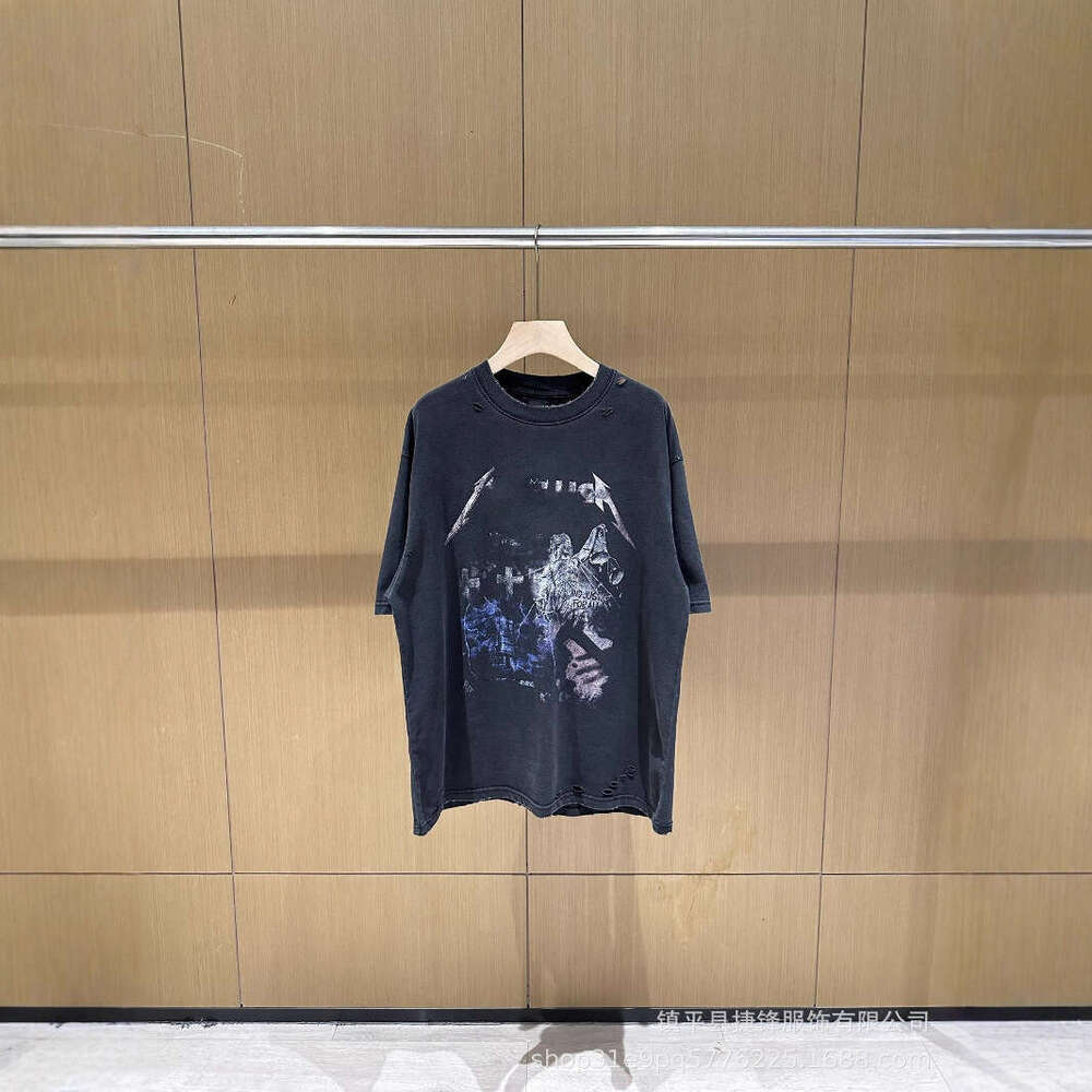 New American Style Letter Print Washed Vintage T-Shirt with Holes Loose Fit High Street Unisex Short Sleeve