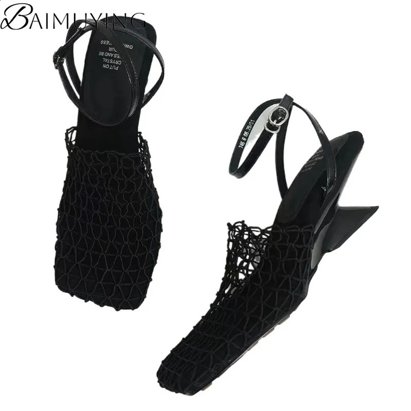 Weave Mesh Women Heeled Sandals Hollow High Heels Shoes Woman Square Toe Slingback 2025 Summer Trend Beach Pumps Sandalias Mujer 250703