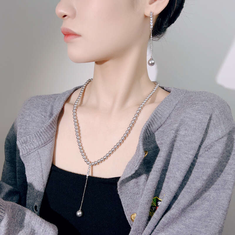 Straight S Sier Needle Imitation Pearl Set Necklace And Earrings For Women Versatile Elegant High-End Feel 684