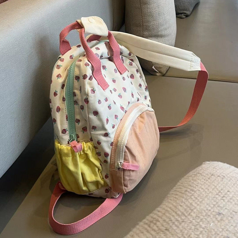 designer Xiaohongshu Hot-Selling Canvas Strawberry Backpack Girly Dopamine Color-Block Backpack Cute Casual Travel School Bag