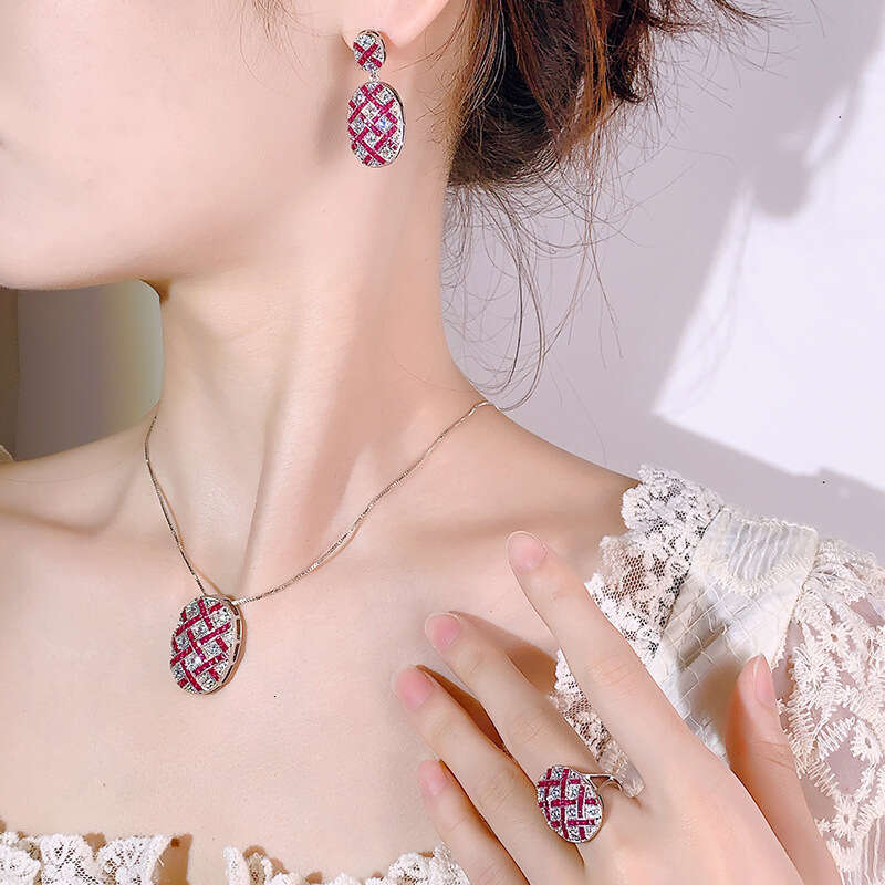 New Style Wind Cover Decorations Jewelry S Sier Needle Earrings Necklace Ring Red Women's 5E5
