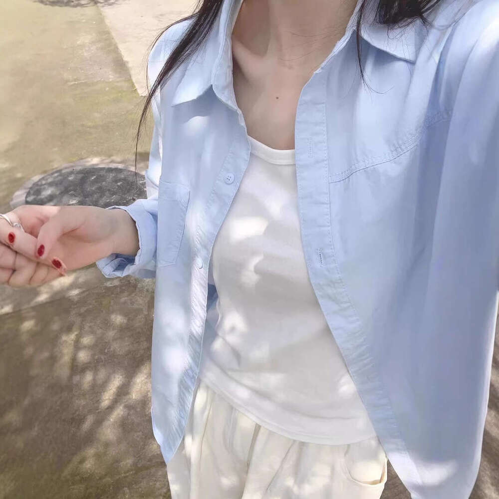 Spring New Korean Style Solid Blue Women, Loose Casual Long Sleeve Shirt For Inner And Outer Wear B5