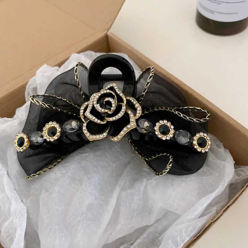 Black Double Rhinestones Camellia Bow Net Shark Hair Claw Clips for Women Fashion Temperament Exquisite Accessories Wholesale Z250707