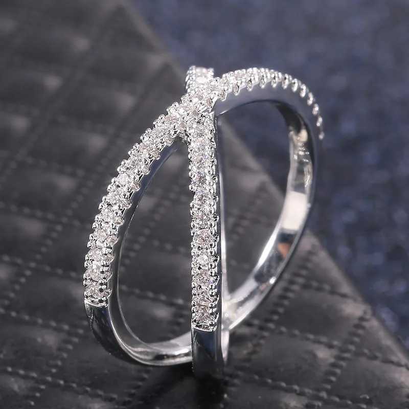 925 Sterling Silver Luxury Cross X Shape Women Engagement Ring Full Paved CZ Stone Elegant Simple Female Jewelry XJ250707
