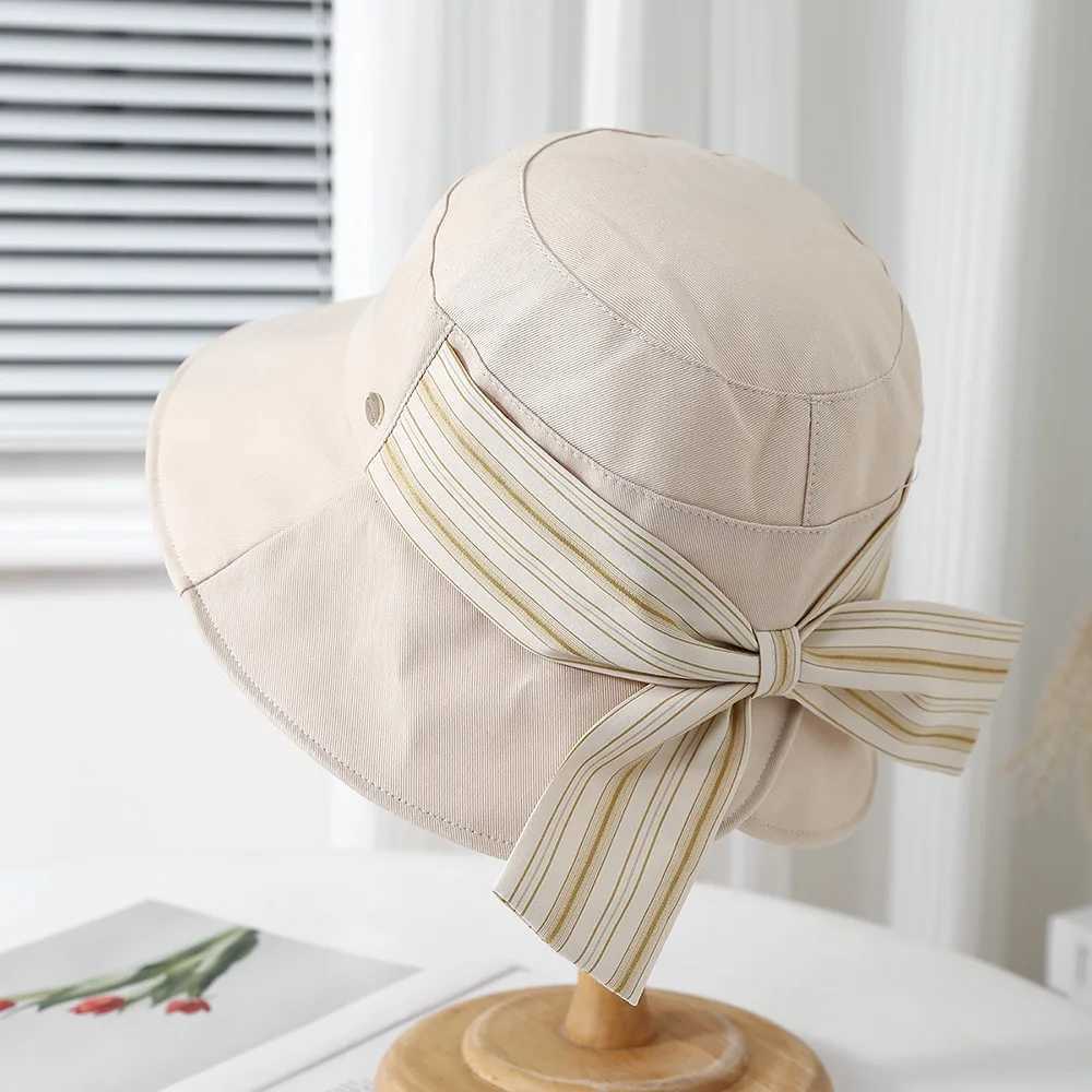 Korean Style Bucket Hat Women Thin Striped Bow Fisherman Hat Womens Spring And Summer All-match Sunshade Sun-protection Folding Y250707