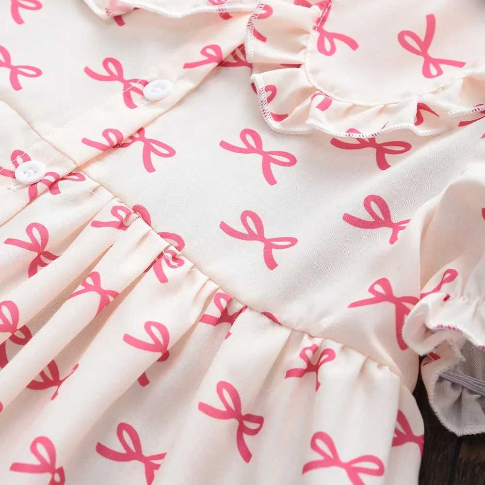 Korean Version Summer New Fashion 3-7 Years Girls Sweet Puff Sleeve Princess Dress 1 Pc Kids Bow Print Casual Clothes R250707