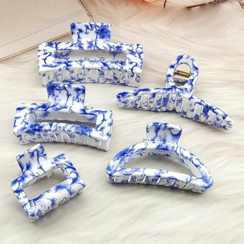 New Vintage Blue And White Porcelain Big Hair Claw Clip Headdress Hairpin Female Crab Hair Ponytail Clip Chinese Style Hair Accessory Y250707