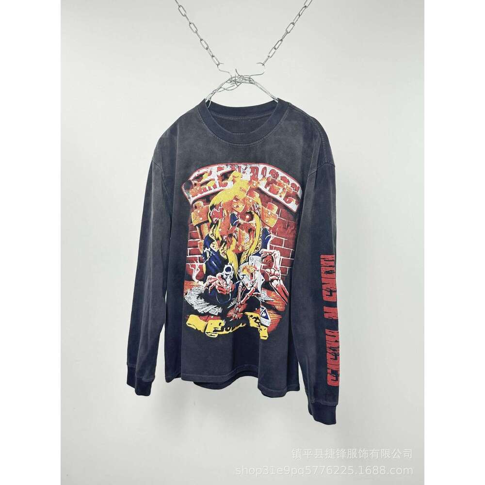 Autumn Winter New Washed Vintage Letter Print High Street Unisex Crew Neck Long Sleeve T-Shirt Trendy